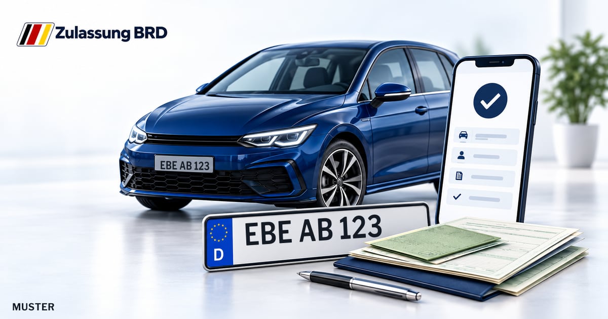 Online Fahrzeugzulassung in Landkreis Ebersberg: Musterkennzeichen EBE AB 123, Auto und Fahrzeugpapiere und Smartphone. Illustration mit Logo von Zulassung BRD.